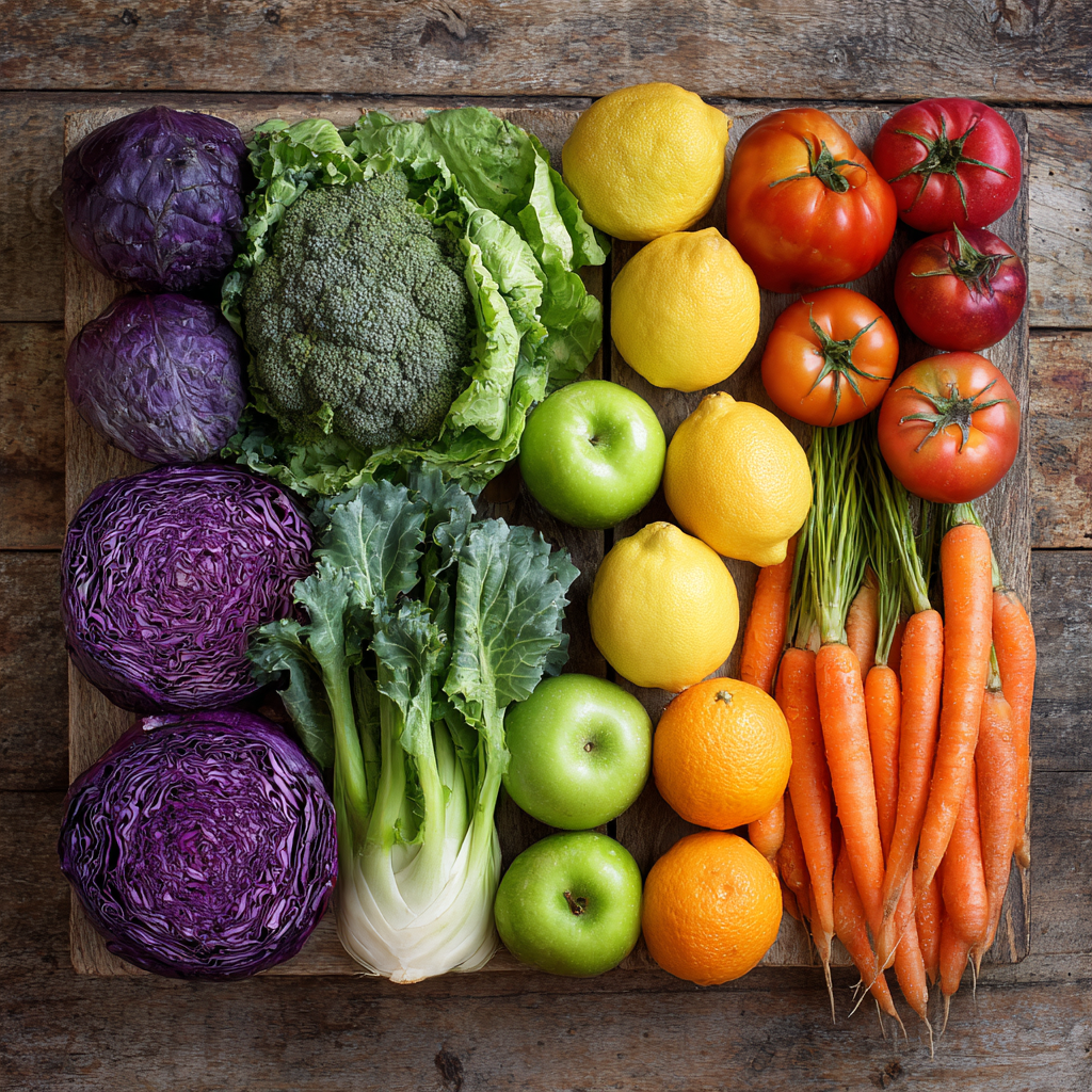 Fresh colorful vegetables and fruits arranged beautifully on a wooden table