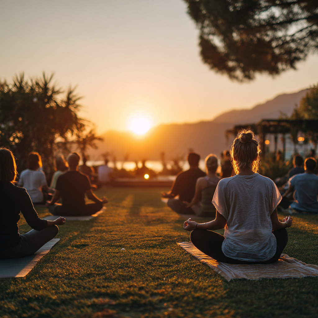 Group of people doing gentle yoga exercises in a peaceful outdoor setting