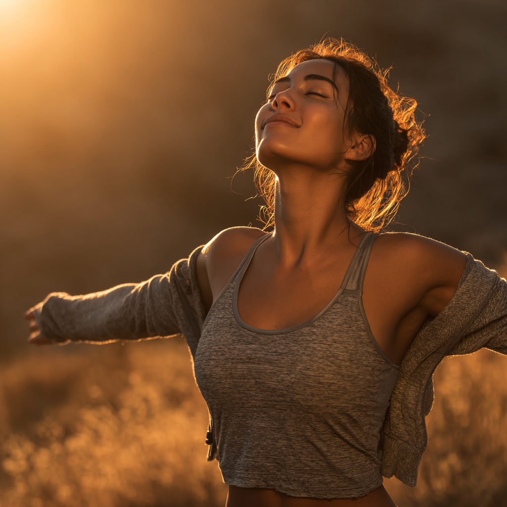 Happy woman stretching outdoors in natural sunlight, embodying wellness and vitality